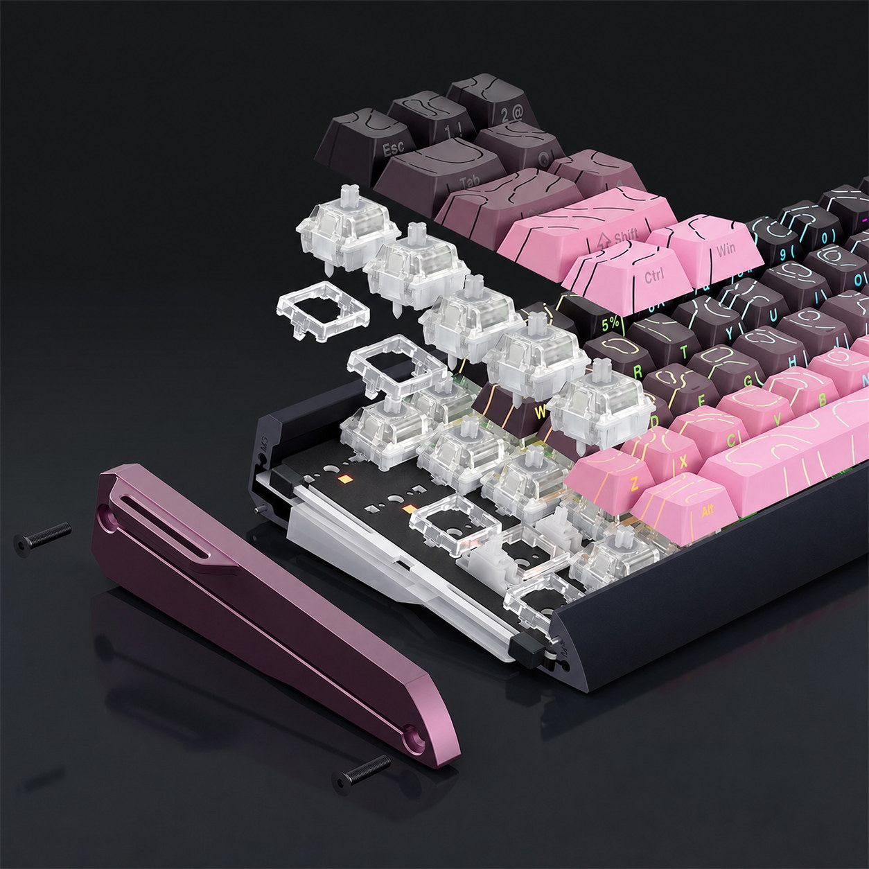 Gaming keyboard assembly showing keycaps, switches and supporting parts